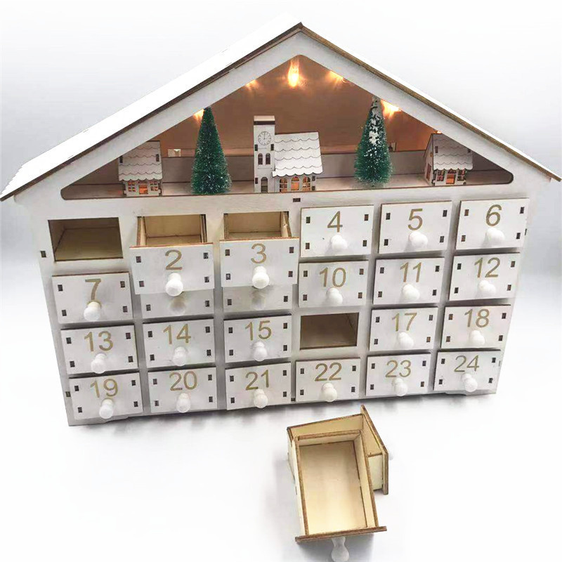 Christmas Decorations White LED 24 Day Wooden Advent Calendar Battery-Operated Light-Up 24 Storage Drawers House Home Decorate 220920