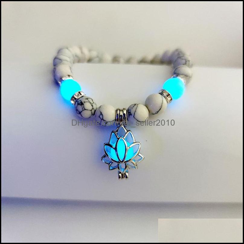Charm Bracelets Luminous Natural Stones Glowing In The Dark Bracelet Lotus Flower Shaped Charm For Women Yoga Prayer Buddhism Jewelry Dh875