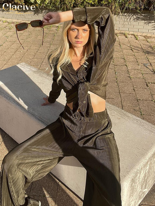 Women's Two Piece Pants Clacive Casual Loose Shirts Set Woman 2 Pieces Elegant Brown High Waist Pant Suits Fashion Pleated Home Wide Trouser 2209