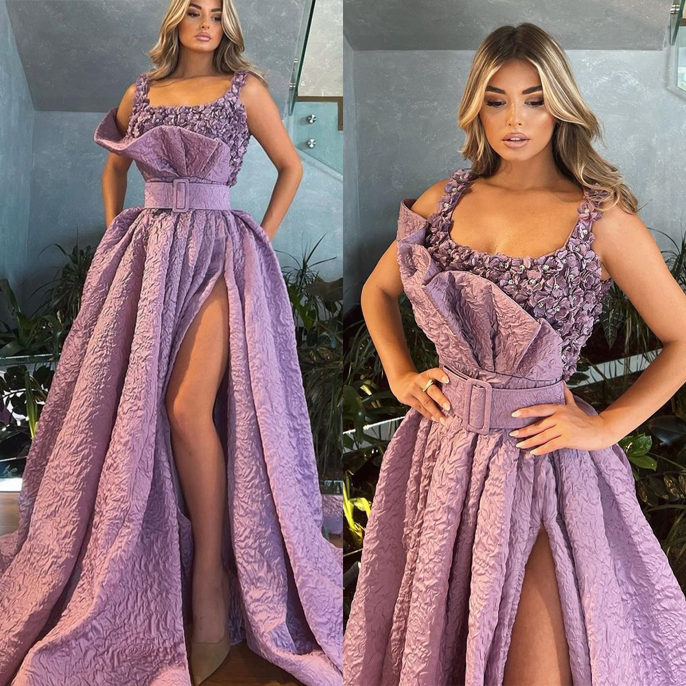 Graceful Purple A Line Prom Dresses Square Collar Handmade Flowers Party Dresses Split Custom Made Evening Dress