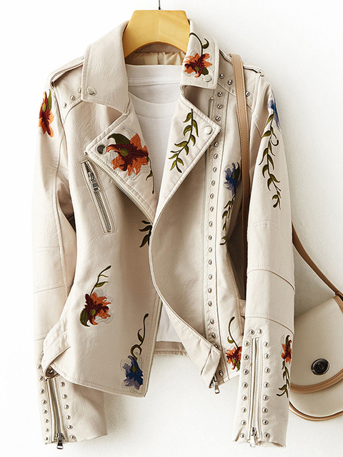 Women's Leather Faux Lagabogy Women Punk Style Fuax Jacket Streetwear Moto Biker Embroidery Floral Print Rivet Pu Coat Oversized Outwear 220919