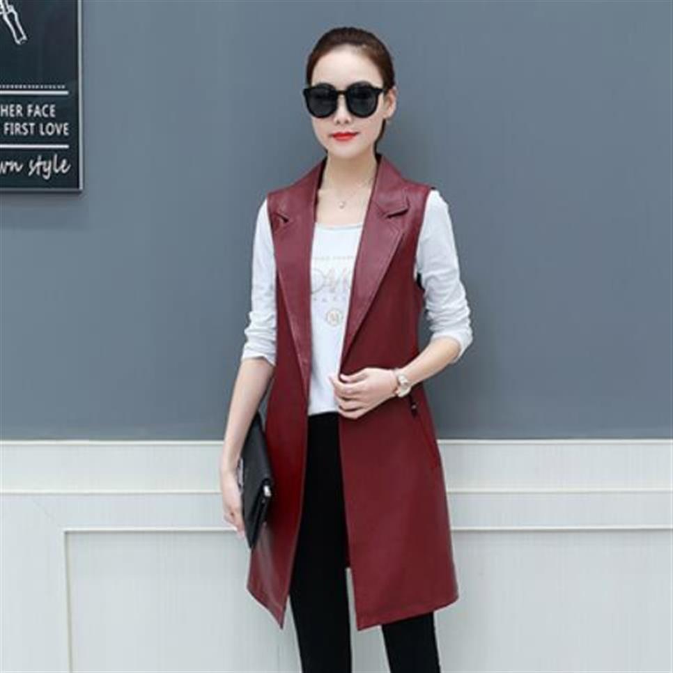 Spring Faux Leather Blazer Vest Womens Long Slim Fit Waistcoat Ps Size 3XL PU Sleeveless Jacket Suit Vest Woman Vintage DV512299i6498510