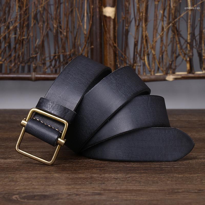 belts highquality mens punchfree nonporous leather belt pure copper smooth buckle retro simple 3 8cm width denim trousers