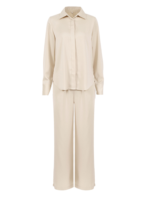 Women's Two Piece Pants OOTN Blue Satin Home Wear Suit Spring Brown Long Sleeve 2 Top And Women Sets Loose Casual Summer Trousers Lady 220919