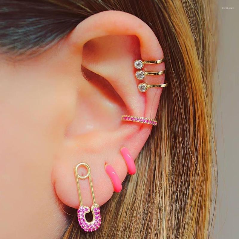 Stud Earrings Simple Minimal Women Jewelry Gold 5 Colorful Cz Paved Safety Pin Paperclip Earring Fashion