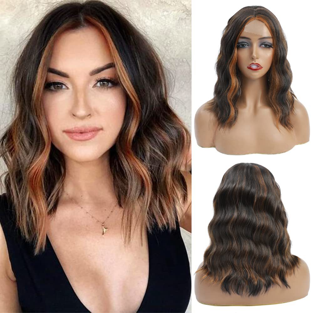 Fashion Lace Front Short Wave Highlighted BOB Shoulder Length Hair Wig for Women High Temperature Synthetic Wavy Hair wig