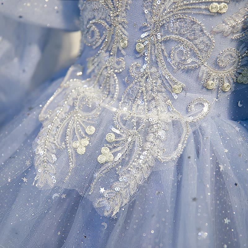 blue Lace Flower Girl Dress Bows Children's First holy Communion Dress Princess Formal Tulle Ball Gown Wedding Party 2-14 years
