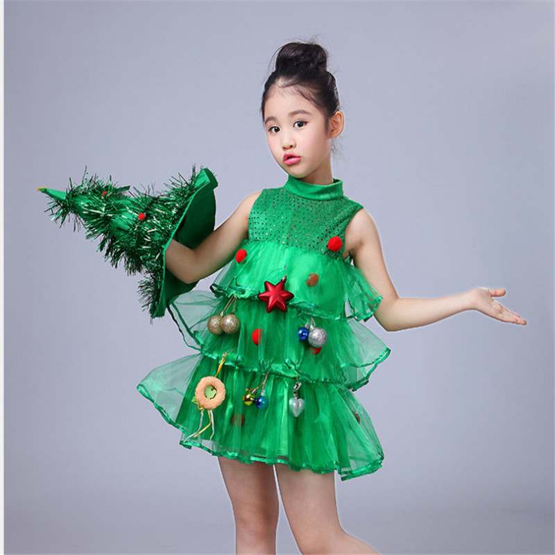Christmas Baby Girls Clothes Sets Green Spirit Kindergarten Performance Clothes Costume Hat And Xmas Tree Dresses 2Pcs Set Kids Clothing