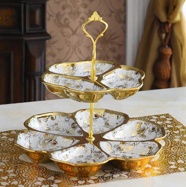 European ceramic double fruit plate gold inlaid snack candy plate ceramic tableware decorative dessert display tray