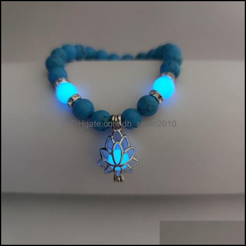 Charm Bracelets Luminous Natural Stones Glowing In The Dark Bracelet Lotus Flower Shaped Charm For Women Yoga Prayer Buddhism Jewelry Dh875