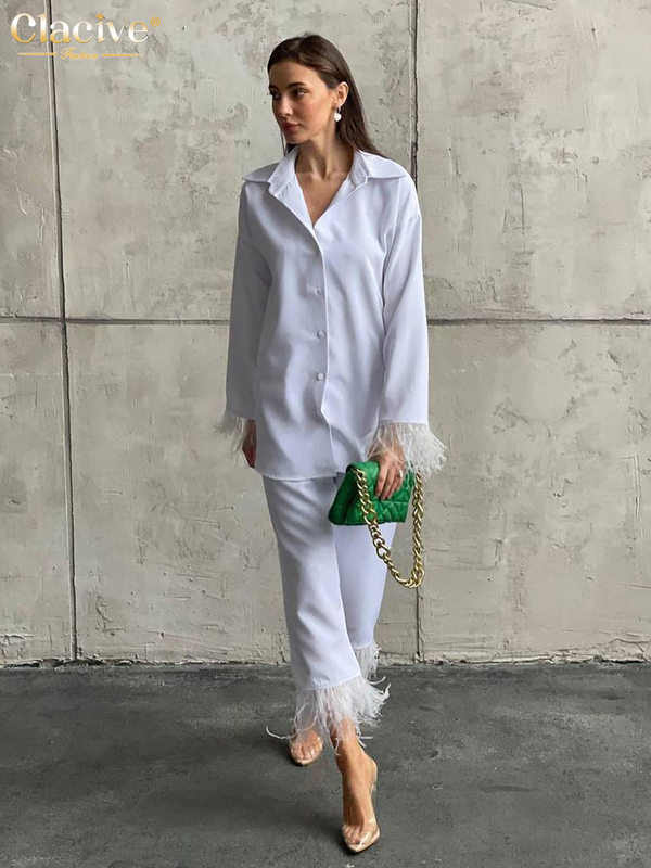 Women's Two Piece Pants Clacive Causal White Home Suit Women Spring Elegant Loose Shirt Set Female Fashion Feather Spliced Trouser Suits 220919