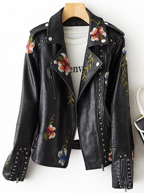 Women's Leather Faux Lagabogy Women Punk Style Fuax Jacket Streetwear Moto Biker Embroidery Floral Print Rivet Pu Coat Oversized Outwear 220919
