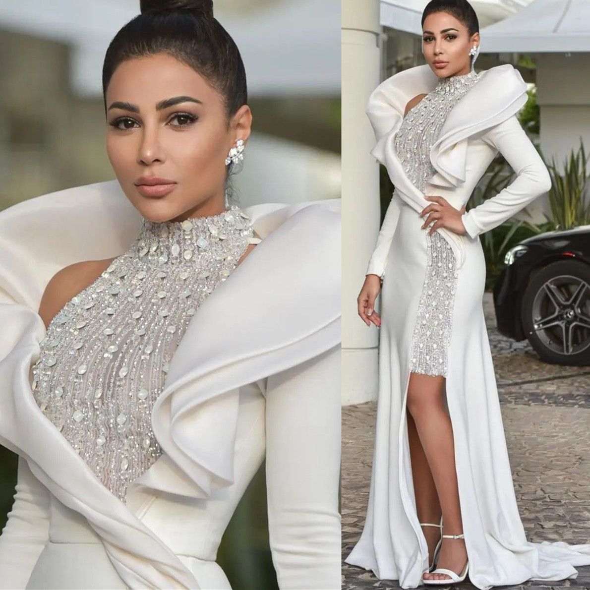 Long Sleeves Designer Evening Dresses Crystals Beaded Satin High Neck Sweep Train Side Split Ruffles Prom Gown Formal Wear Custom Made Vestidos 0220