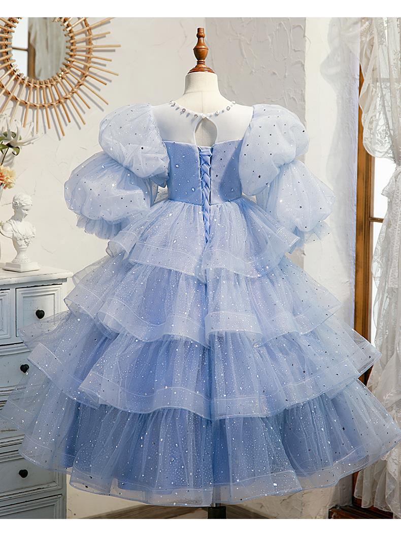 blue Lace Flower Girl Dress Bows Children's First holy Communion Dress Princess Formal Tulle Ball Gown Wedding Party 2-14 years