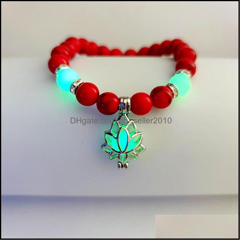 Charm Bracelets Luminous Natural Stones Glowing In The Dark Bracelet Lotus Flower Shaped Charm For Women Yoga Prayer Buddhism Jewelry Dh875