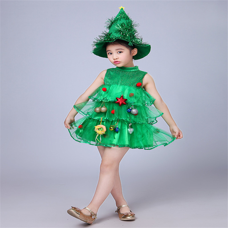 Christmas Baby Girls Clothes Sets Green Spirit Kindergarten Performance Clothes Costume Hat And Xmas Tree Dresses 2Pcs Set Kids Clothing