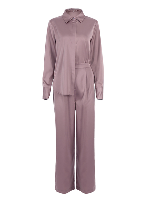 Women's Two Piece Pants OOTN Blue Satin Home Wear Suit Spring Brown Long Sleeve 2 Top And Women Sets Loose Casual Summer Trousers Lady 220919