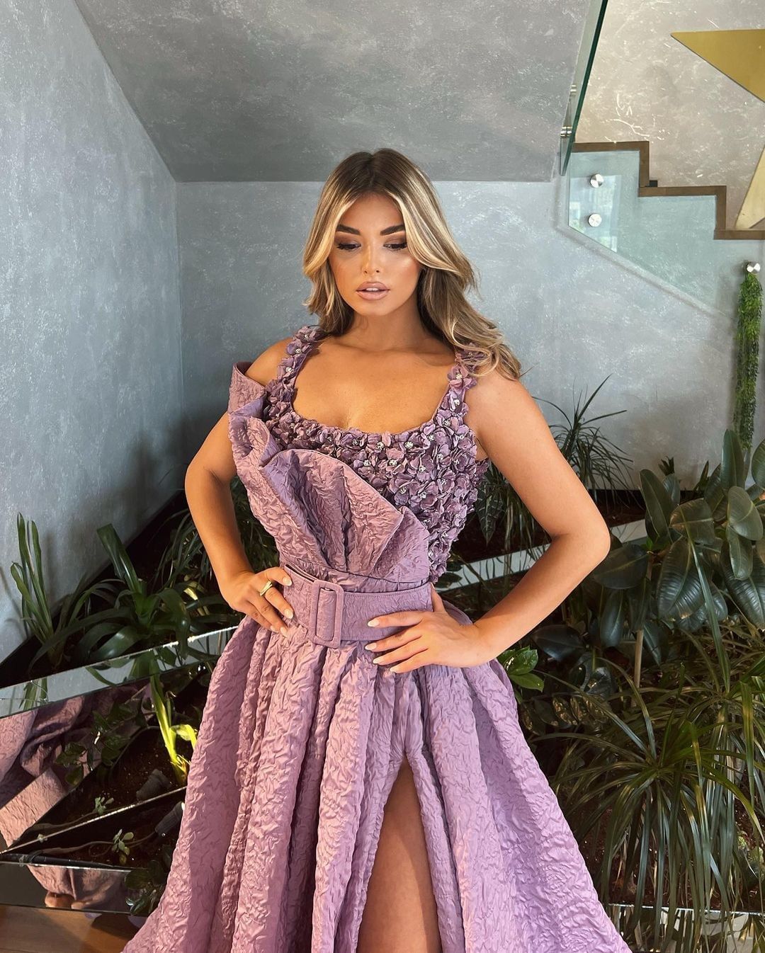 Graceful Purple A Line Prom Dresses Square Collar Handmade Flowers Party Dresses Split Custom Made Evening Dress