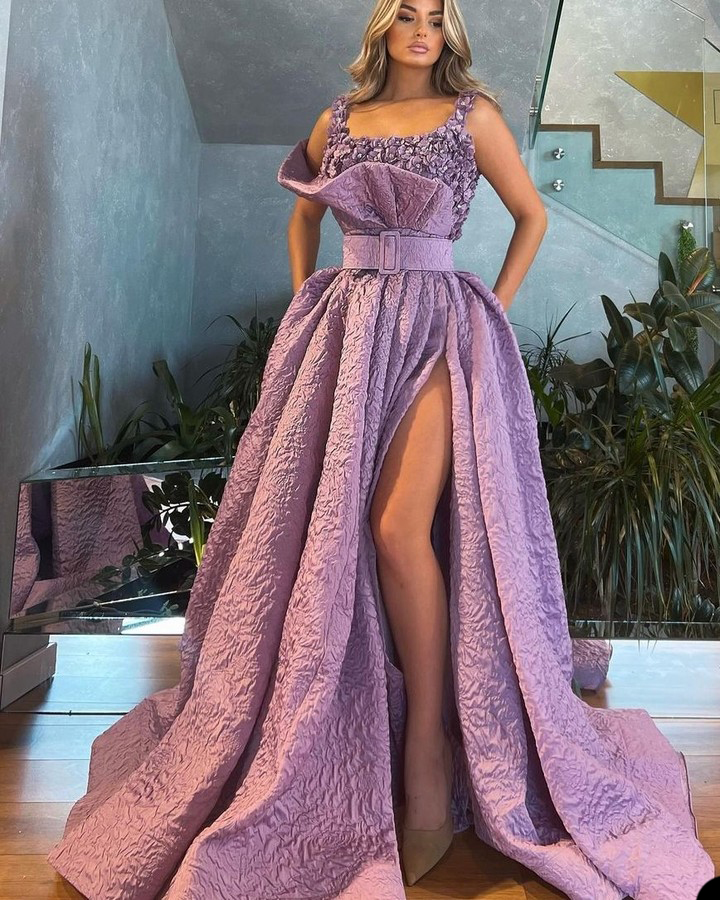 Graceful Purple A Line Prom Dresses Square Collar Handmade Flowers Party Dresses Split Custom Made Evening Dress