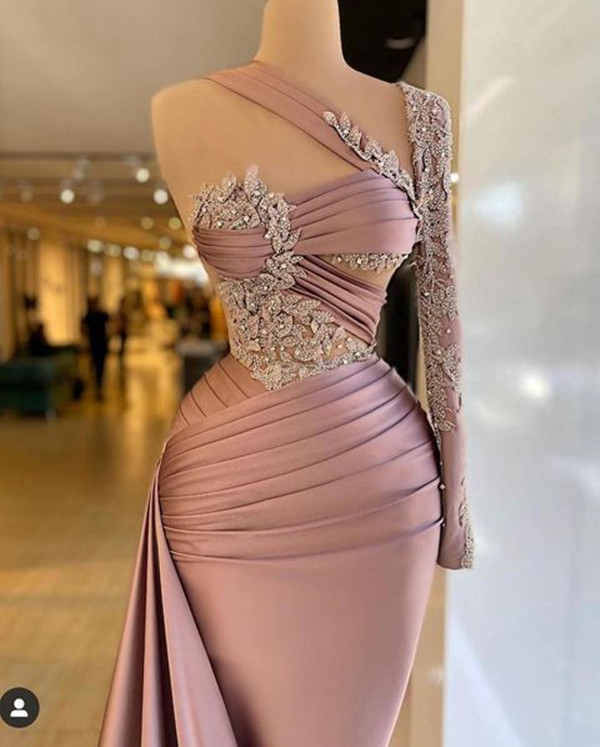 Pale Pink Arabic Mermaid Prom Dresses with Long Sleeve Lace Beaded Plus Size Aso Ebi African Evening Gown vestidos de fiesta