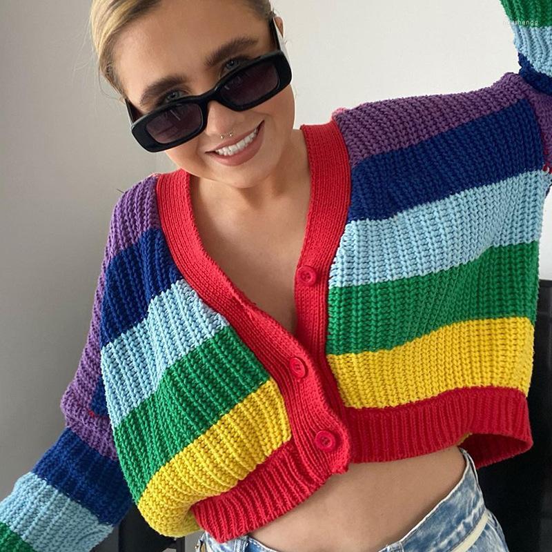 Women' Knits Women' Rainbow Stitching Contrast Color V Long-sleeved Short Cardigan Sweater & Tees, Multi
Women' Knits Women' Rainbow Stitching Contrast Color V Long-sleeved Short Cardigan Sweater & Tees, Multi