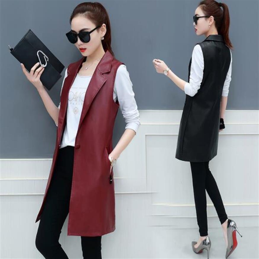 Spring Faux Leather Blazer Vest Womens Long Slim Fit Waistcoat Ps Size 3XL PU Sleeveless Jacket Suit Vest Woman Vintage DV512299i6498510