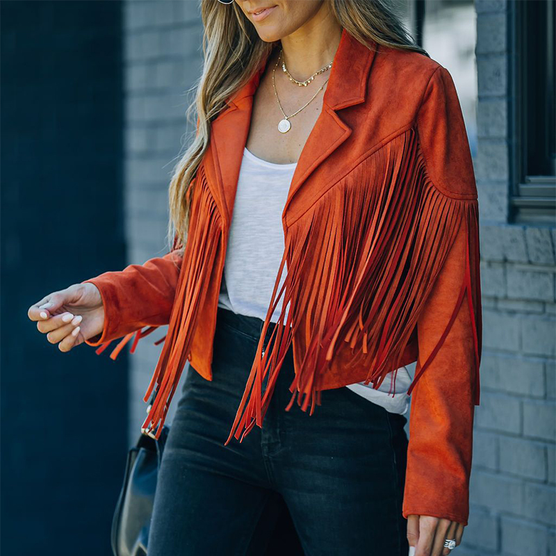 Women's Jackets Imcute Womens Vintage Lapel Long Sleeve Fringe Cropped Hippie Motor Biker Cardigan Outwears Faux Suede Tassel Jacket 220919