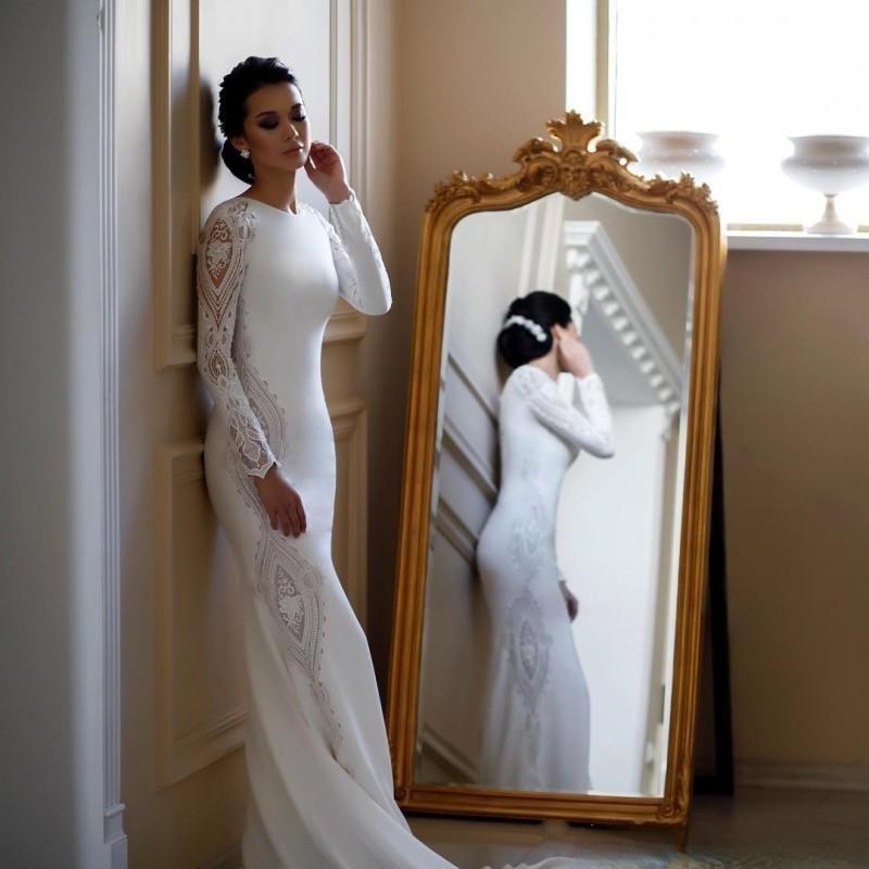 2023 Muslim Elegant Long Sleeve Mermaid Wedding Dress with Lace Appliqued Satin Boho Beach Wedding Gowns Sequined Vestido De Novia GB0920