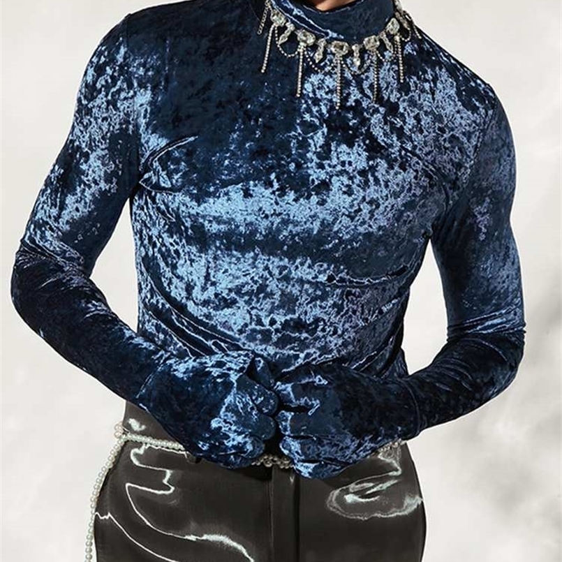 Men's T-Shirts T Shirt Velour Turtleneck Long Sleeve Gloves Cozy Clothing Streetwear Solid Color Autumn Casual Camisetas INCERUN 220920