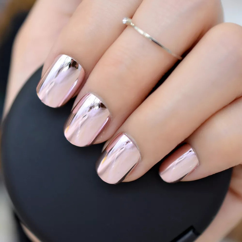 False Nails Mirror Light Soft Pink Metal Plating False French Acrylic Nail Tips Metallic Square Fake Nails Without Nail Glue 220921