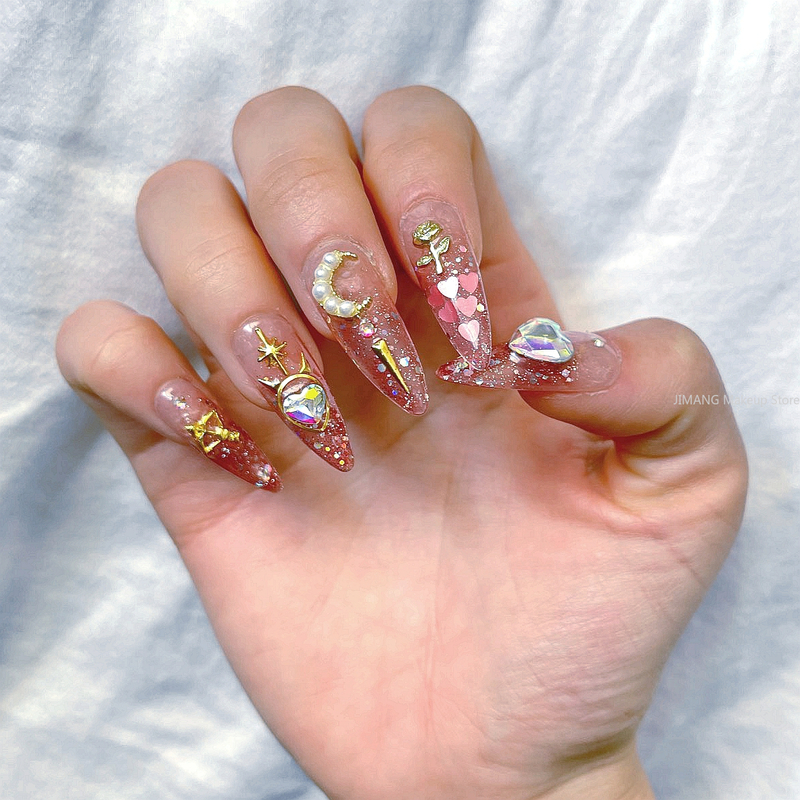 False Nails Customized Handmade Pink Glittery Fake Nail With Glue Y2K Detachable False Nails Tips Reusable Press On Nails Coffin Manicure 220921