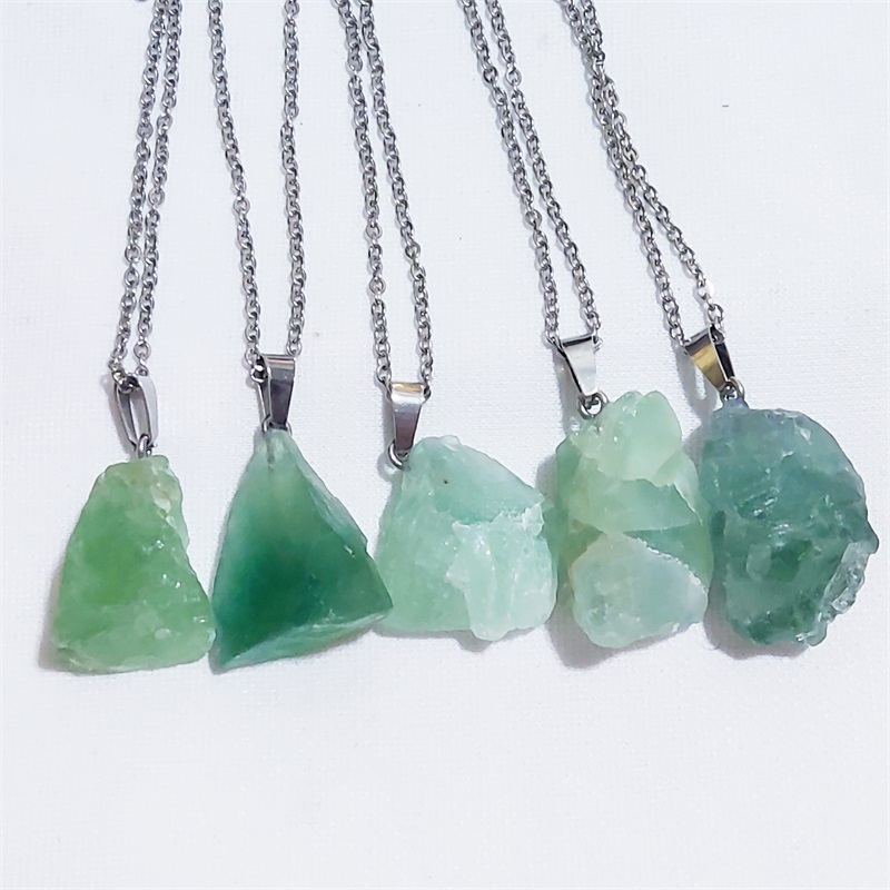 Natural Raw Mineral Stone Pendant Green Fluorite Crystal Stainless steel chain Necklace Wholesale