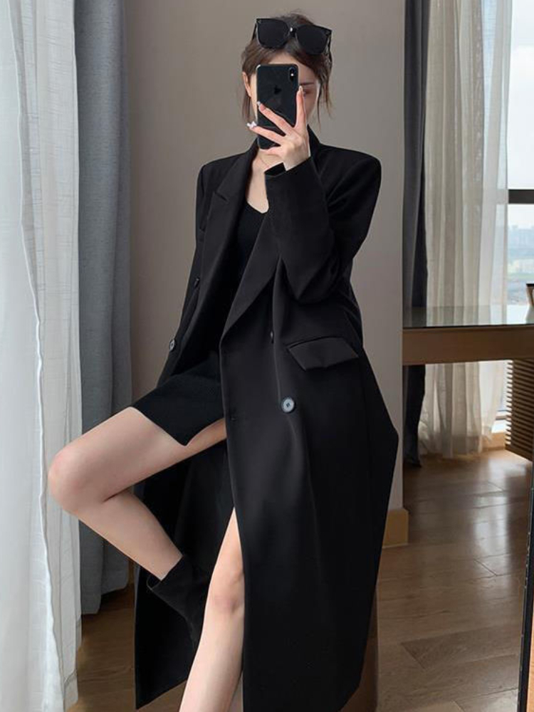 Women's Trench Coats Black Suit Windbreaker Women's Spring Autumn Highend Temperament Office Lady Midlength Trench Coat Black Women Clothes 