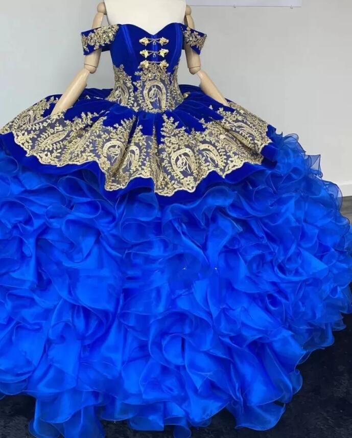 Royal Blue Quinceanera Dresses Horseshoe Lace-up corset Charro mini Mexican XV Girls Pageant Gowns Organza Prom Dress