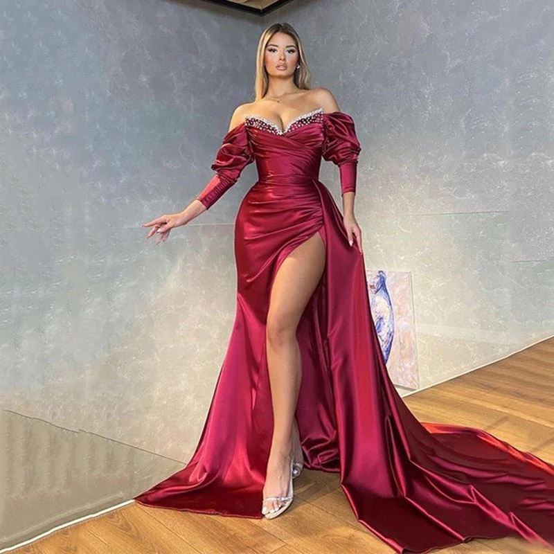 Sexy Bury Mermaid Beded Evening Party Dresses Off The Shoulder Formal Prom Gowns High Slit Pleats Women Pageant Dress 322