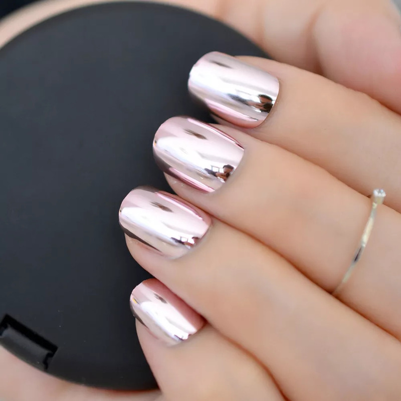 False Nails Mirror Light Soft Pink Metal Plating False French Acrylic Nail Tips Metallic Square Fake Nails Without Nail Glue 220921