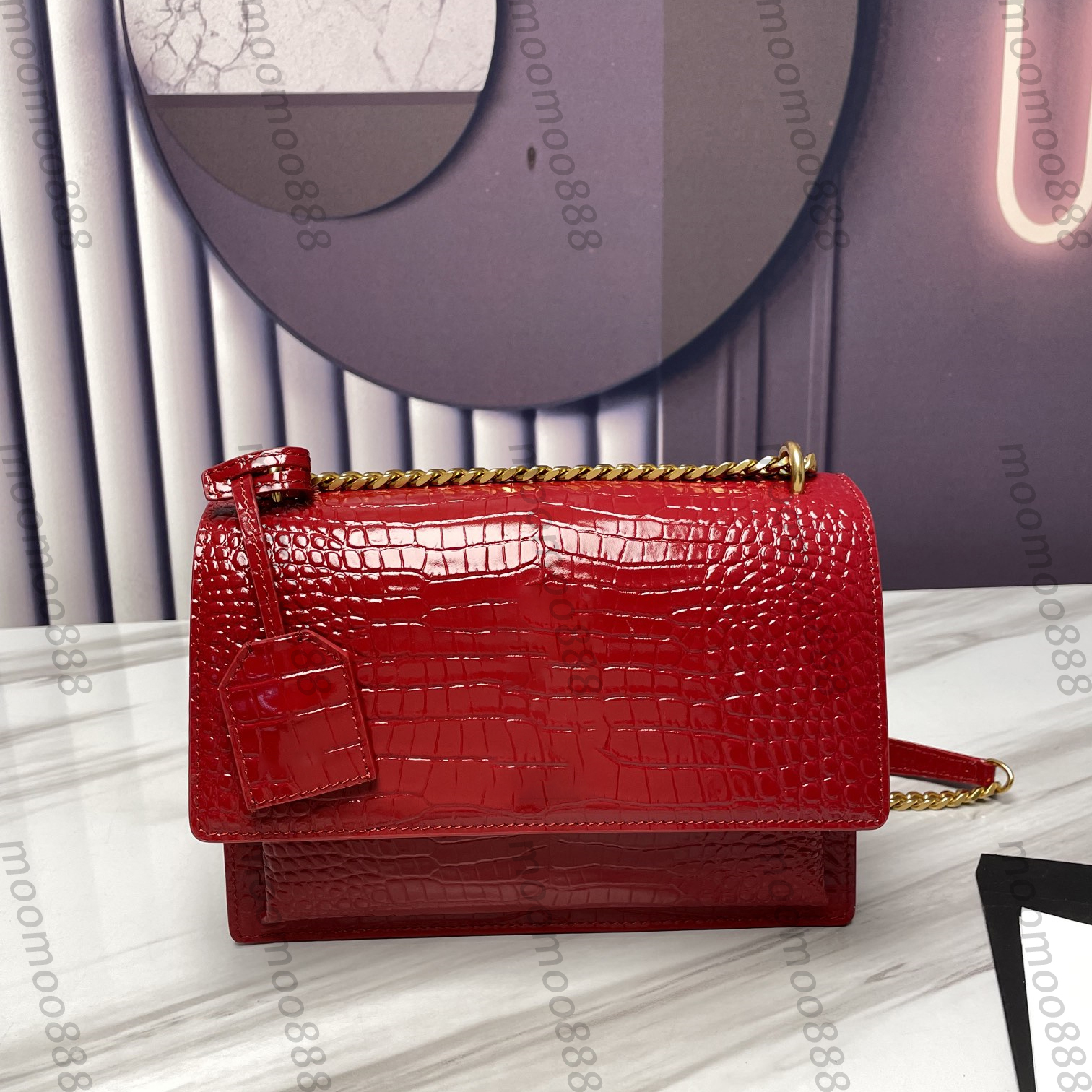 12A All-New Mirror Quality Designer Womens Sunset Bag 22cm Medium Genuine Leather Alligato Pattern Purse Luxury Flap Handbags Crossbody Black Shoulder Chain Box Bag