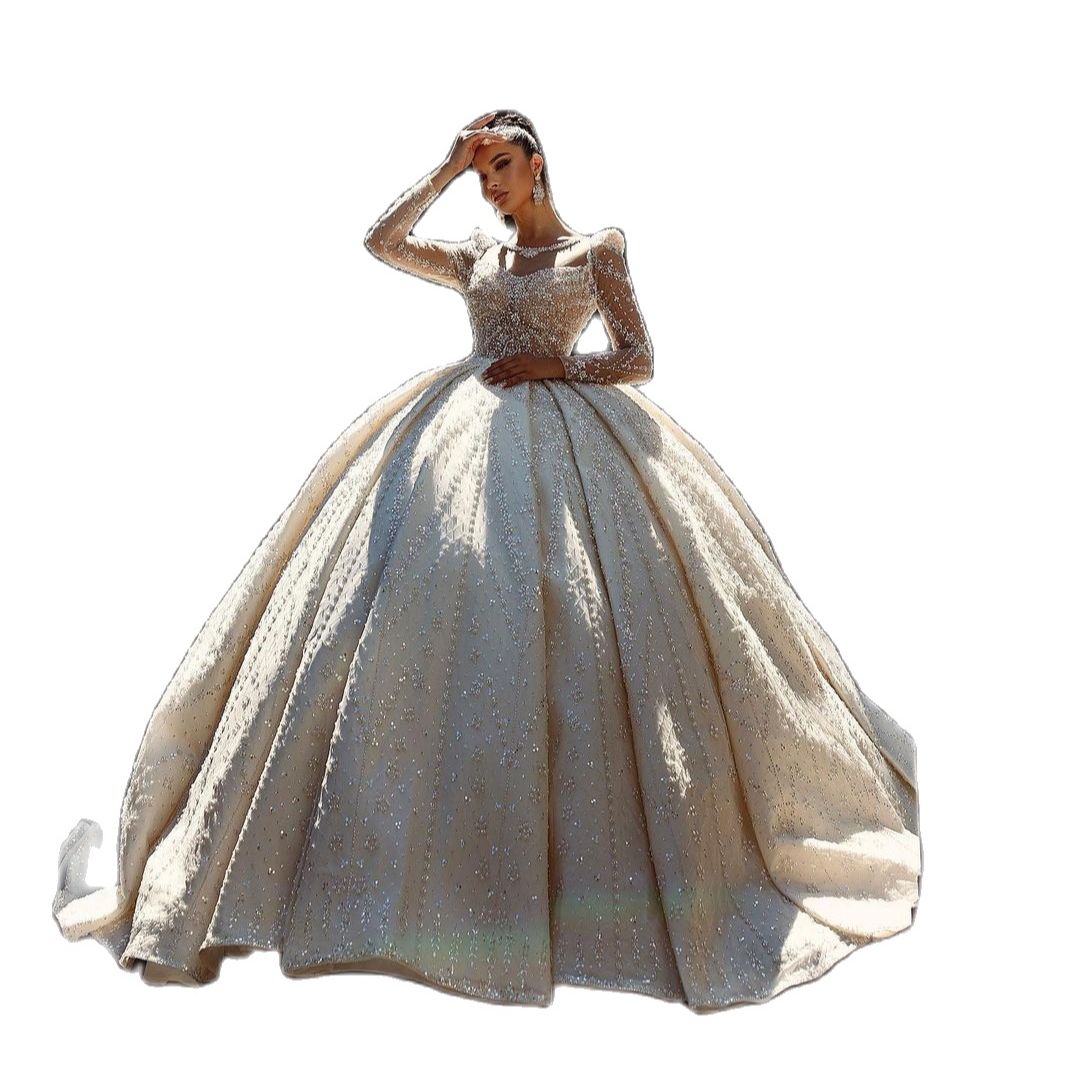 urious Beads Wedding Dress Custom Made Scoop Neck Sleeve Crystal Ball Gown Long Train Church Bridal Dresses
