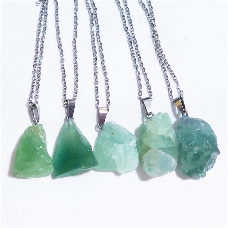 Natural Raw Mineral Stone Pendant Green Fluorite Crystal Stainless steel chain Necklace Wholesale