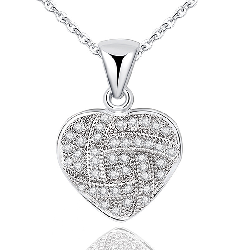 Heart Shape Pendant Necklace S925 Silver Plated Full Diamonds Stone Women Girls Lady Wedding Jewelry