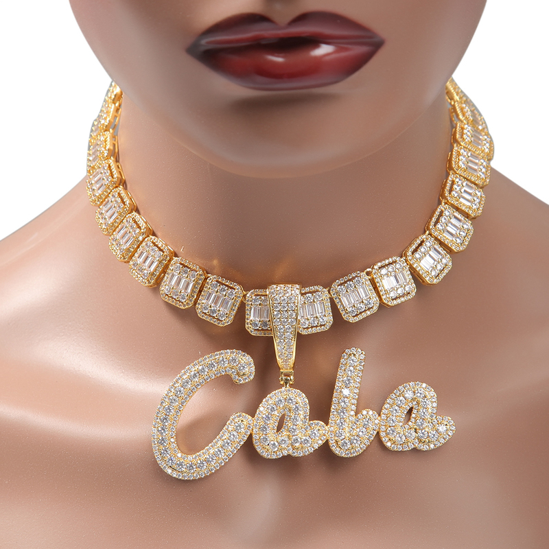 Pendant Necklaces TBTK Custom Name Necklace Brush Script Bubble Letter Iced Out Two Tone CZ Plate Tennis Chain Hiphop Jewelry 220921