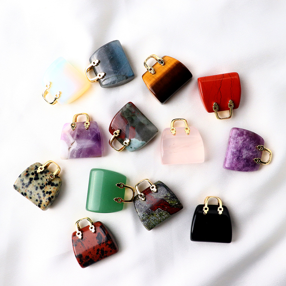 Natural Stone Mini Bag Charms Ornament Healing Crystal Reiki Gemstone Tiger's Eye Rose Quartz Pendant Crafts Home Decoration Gift