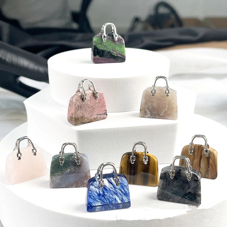 Natural Stone Mini Bag Charms Ornament Healing Crystal Reiki Rose Quartz Amethyst Gemstone Pendant Crafts Home Decoration Gift