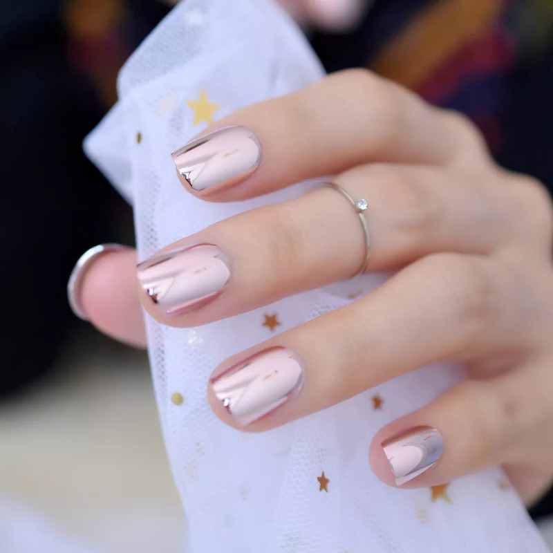 False Nails Mirror Light Soft Pink Metal Plating False French Acrylic Nail Tips Metallic Square Fake Nails Without Nail Glue 220921
