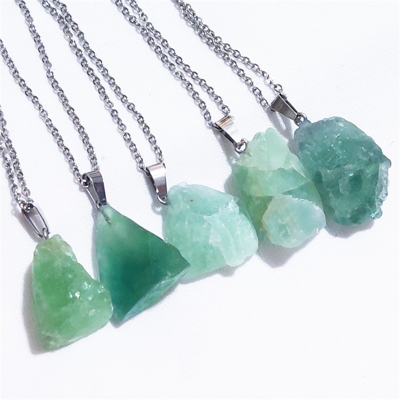 Natural Raw Mineral Stone Pendant Green Fluorite Crystal Stainless steel chain Necklace Wholesale