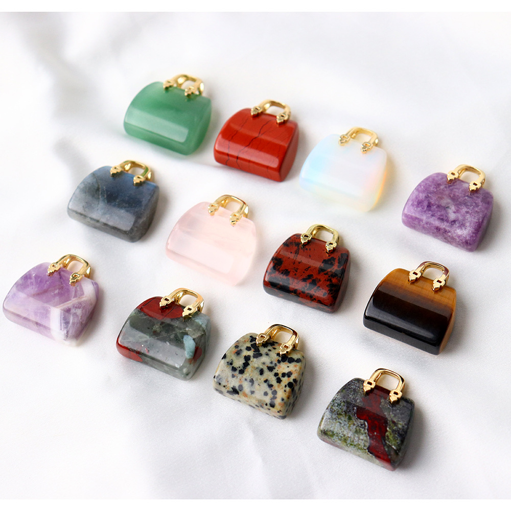 Natural Stone Mini Bag Charms Ornament Healing Crystal Reiki Gemstone Tiger's Eye Rose Quartz Pendant Crafts Home Decoration Gift