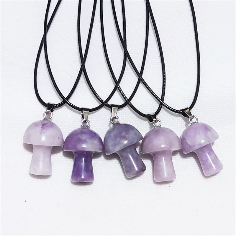Carved Gemstones Mini Mushroom Pendant Charms Black Rope Chain Women Healing Crystals Figurine Necklace Jewelry