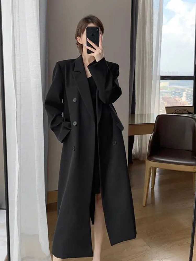 Women's Trench Coats Black Suit Windbreaker Women's Spring Autumn Highend Temperament Office Lady Midlength Trench Coat Black Women Clothes 