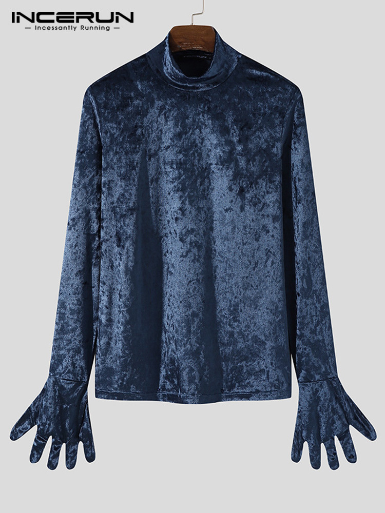 Men's T-Shirts T Shirt Velour Turtleneck Long Sleeve Gloves Cozy Clothing Streetwear Solid Color Autumn Casual Camisetas INCERUN 220920