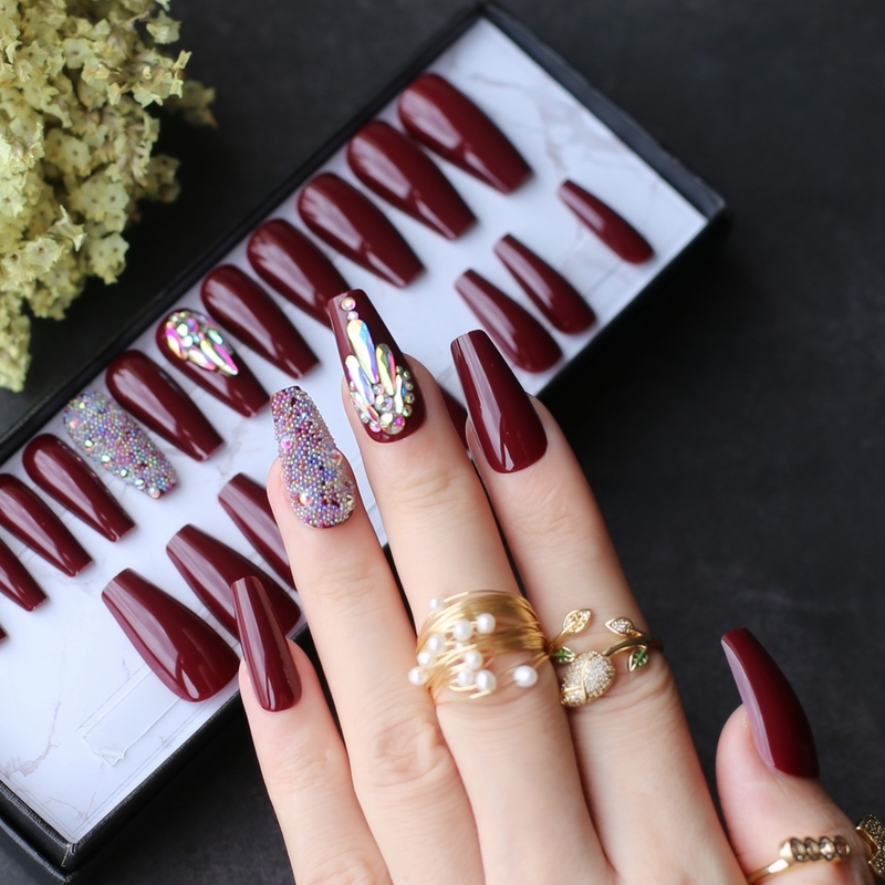 False Nails Burgundy coffin UV fasle nails Luxury crystal Caviar press on nails Box packing drop gift Custom 220921